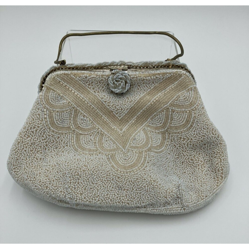 Walborg Hand Beaded Evening Bag White Beige Brass Strap Made in France